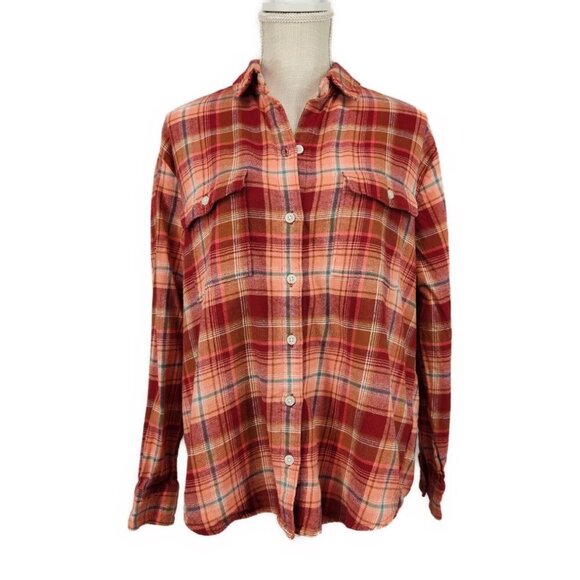 Old Navy Tops - Old Navy The Boyfriend Shirt Women's M Flannel Button Down Orange Blue Plaid